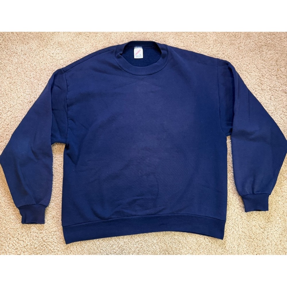 Vintage Blank JERZEES Navy Blue Crewneck Sweatshirt 1990s Made In USA Size Large